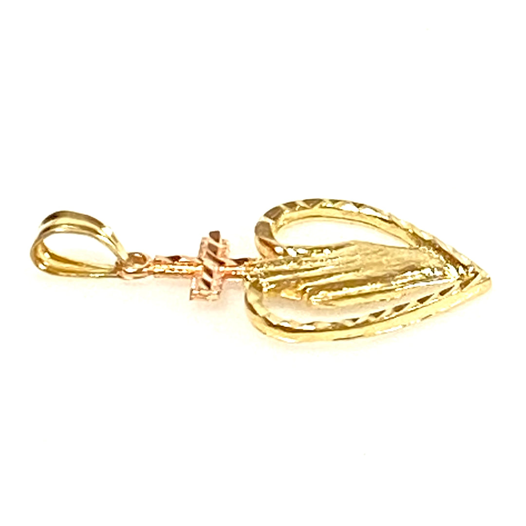v859 Vintage 14k Two-Tone Gold Praying Hands with Cross and Heart Pendant Charm
