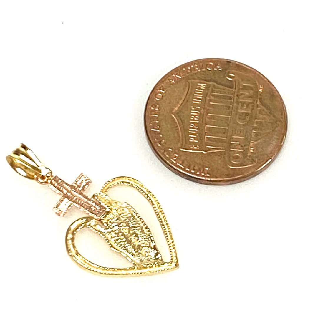v859 Vintage 14k Two-Tone Gold Praying Hands with Cross and Heart Pendant Charm
