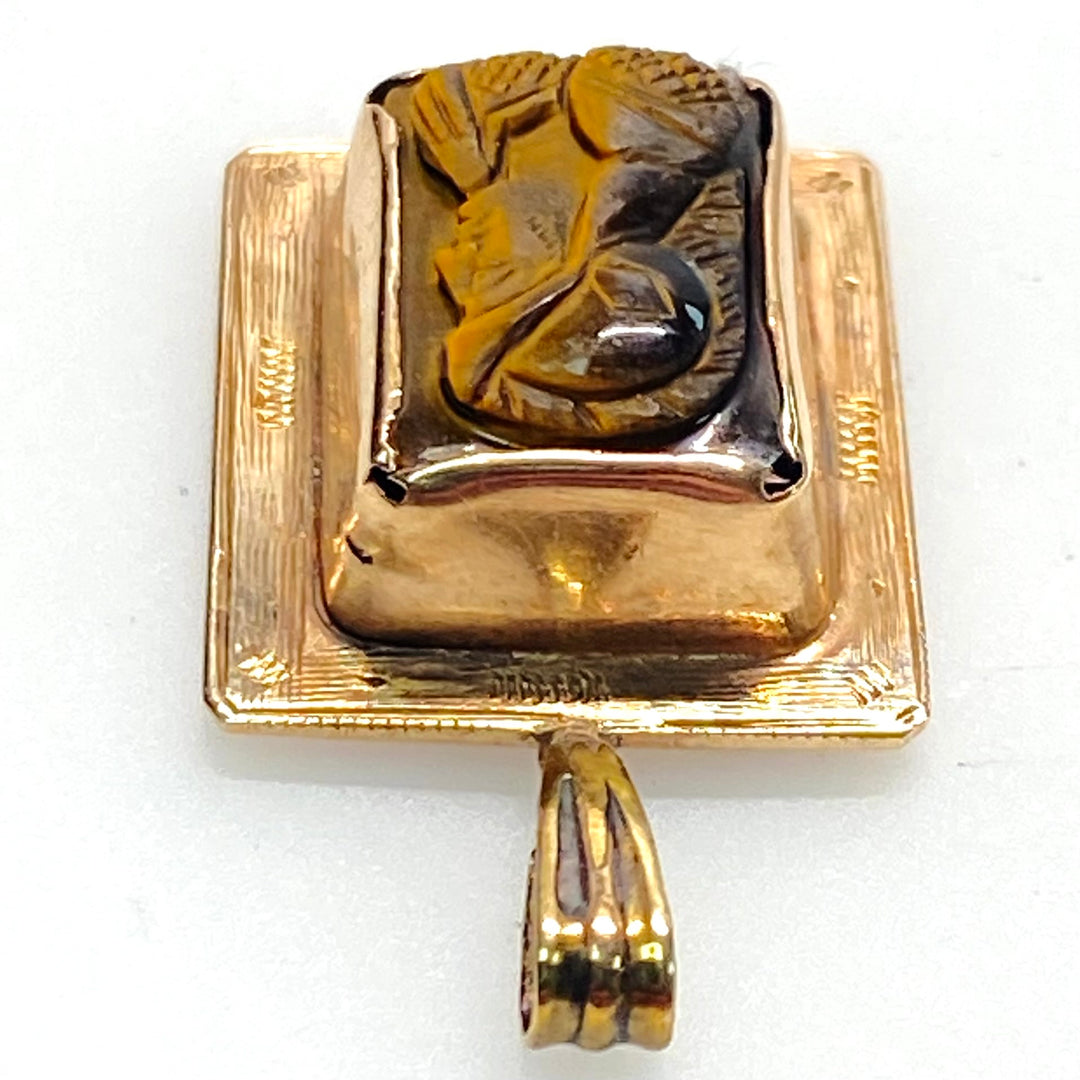 v873 Vintage 10k Yellow Gold Pendant Tiger's Eye Gemstone Carved with Intaglio Profile intaglio profile of a Roman soldier or centurion