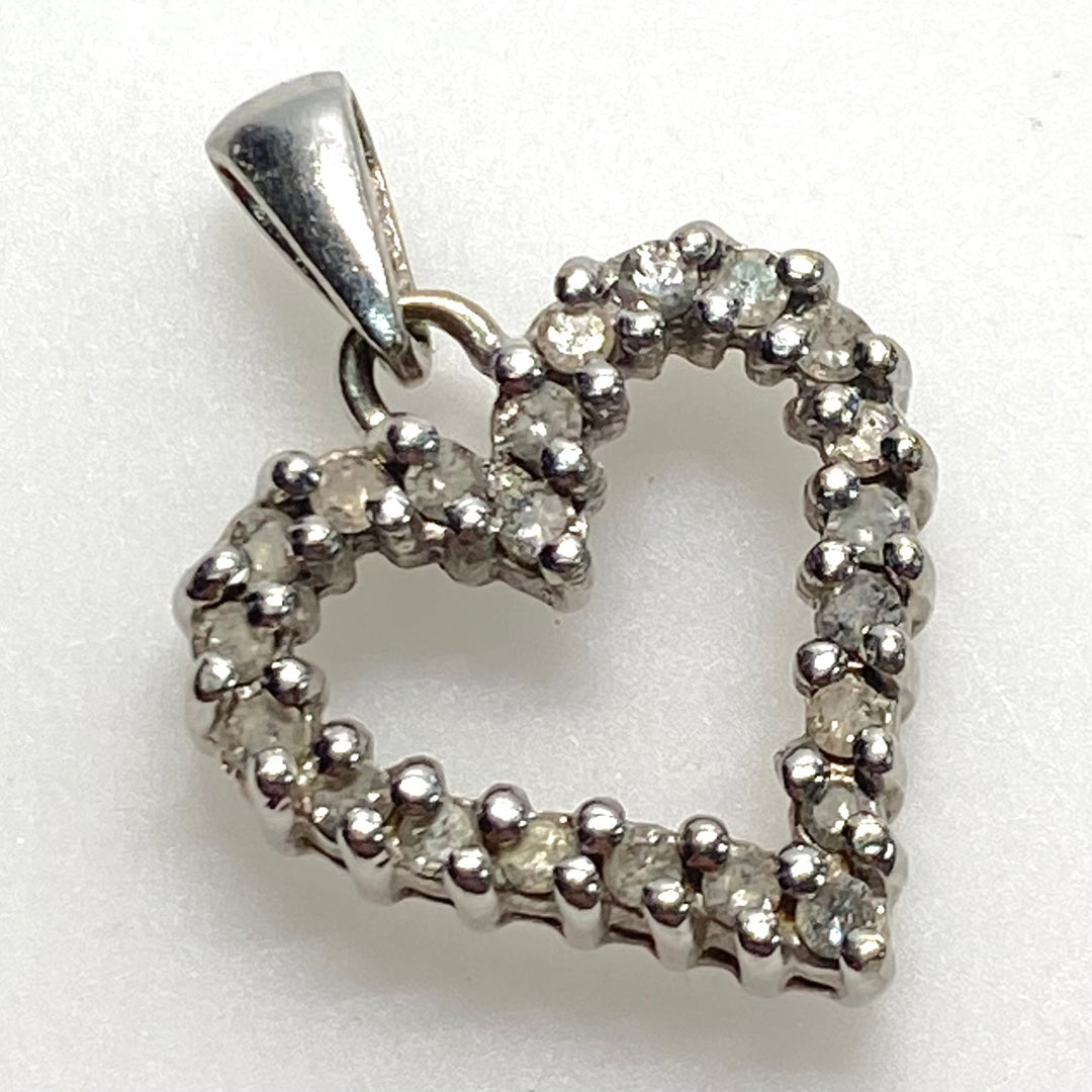 v875 Vintage 10K White Gold Open Heart Encrusted with Clear Stones Pendant Charm