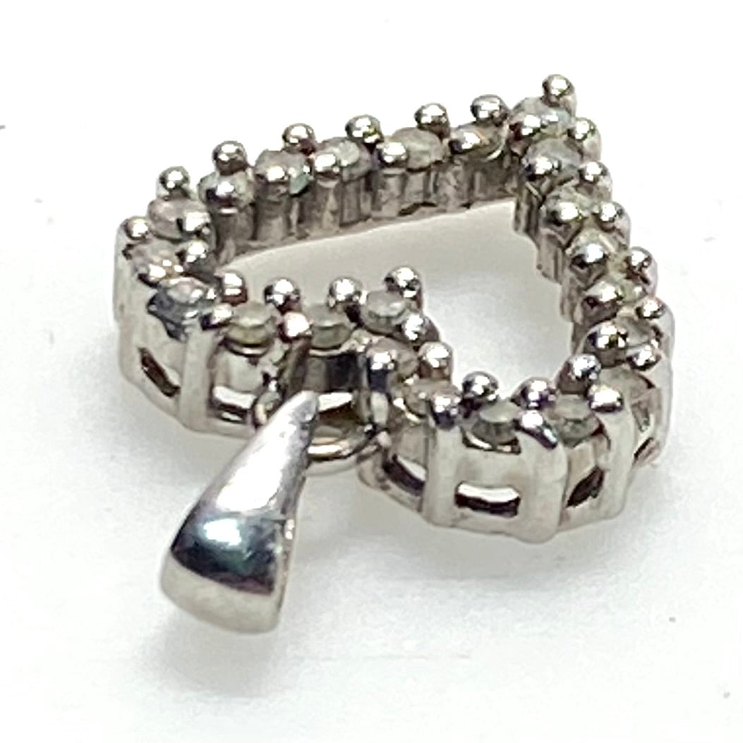 v875 Vintage 10K White Gold Open Heart Encrusted with Clear Stones Pendant Charm