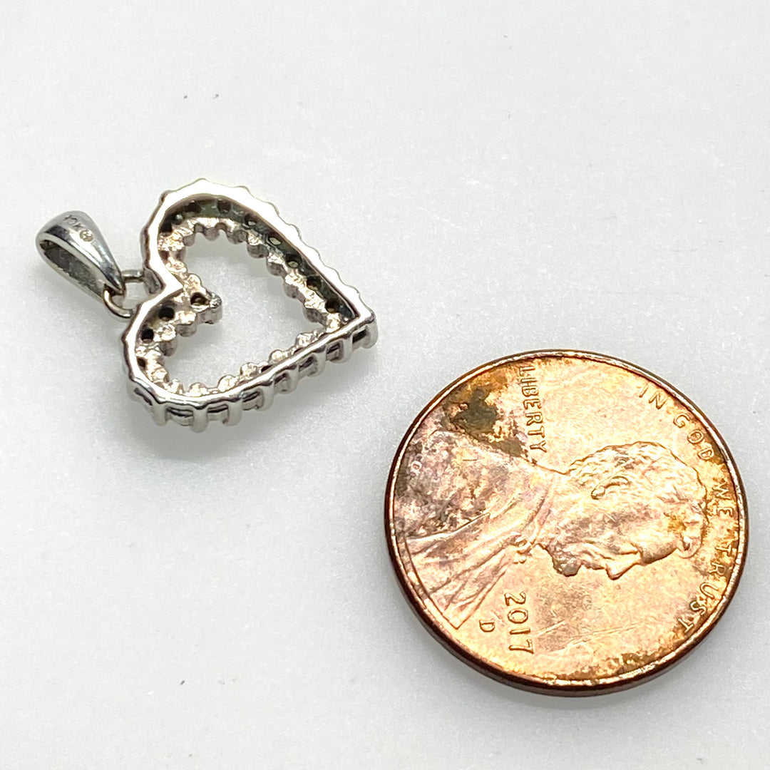 v875 Vintage 10K White Gold Open Heart Encrusted with Clear Stones Pendant Charm