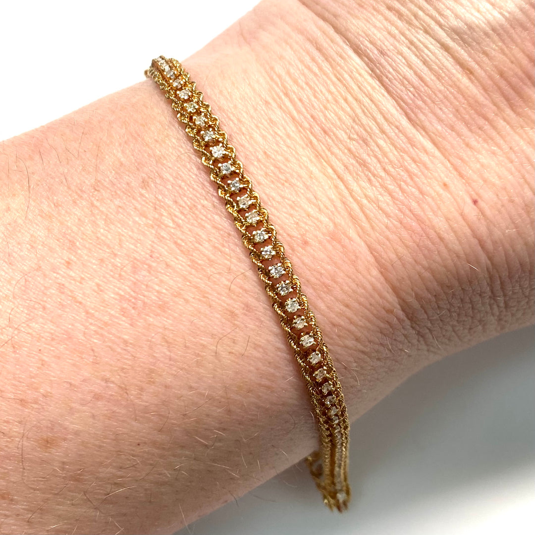 v877 Vintage 14K Rose Gold Byzantine or Cuban Link Style Diamond Tennis Bracelet