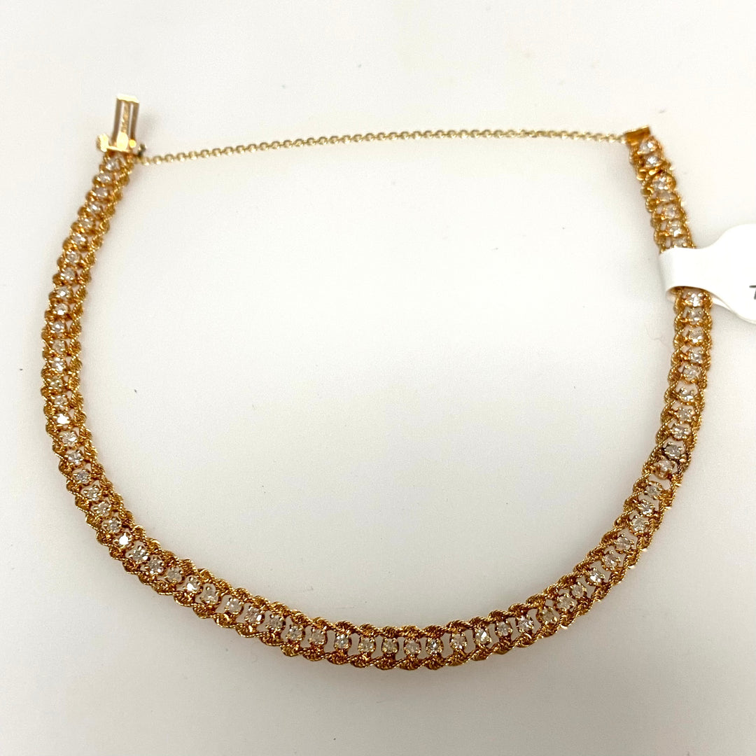 v877 Vintage 14K Rose Gold Byzantine or Cuban Link Style Diamond Tennis Bracelet
