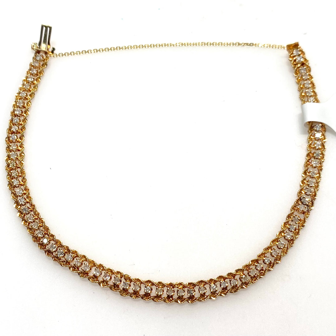 v877 Vintage 14K Rose Gold Byzantine or Cuban Link Style Diamond Tennis Bracelet