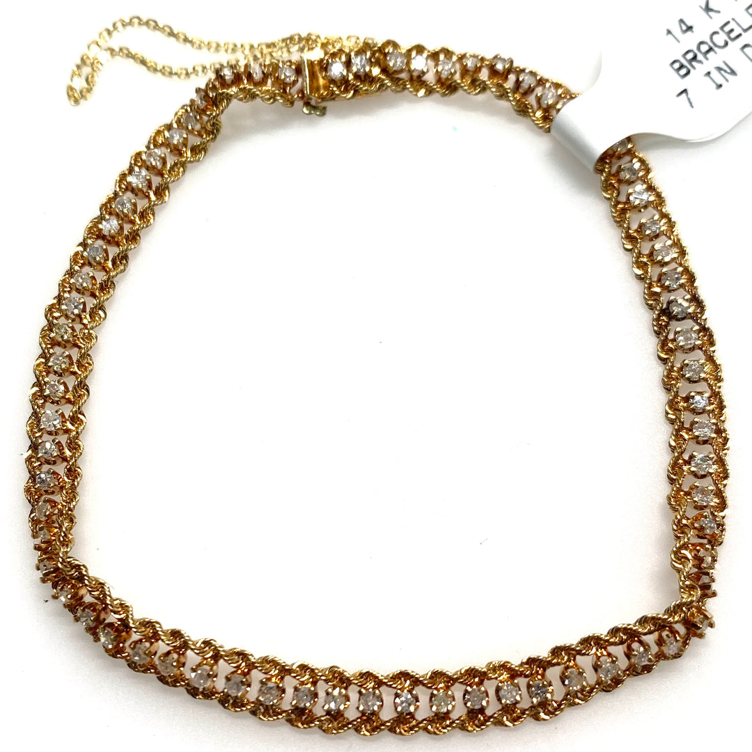 v877 Vintage 14K Rose Gold Byzantine or Cuban Link Style Diamond Tennis Bracelet