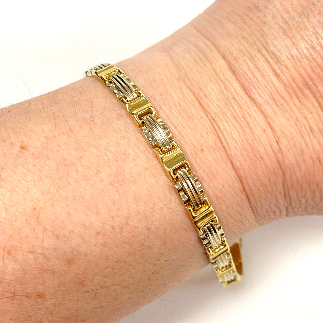 v878 Vintage 14k White Yellow Two-tone Rectangular Links Bracelet 7.25" Long