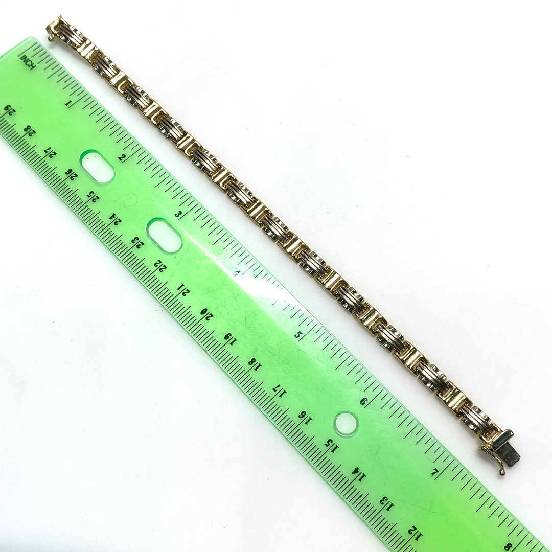 v878 Vintage 14k White Yellow Two-tone Rectangular Links Bracelet 7.25" Long