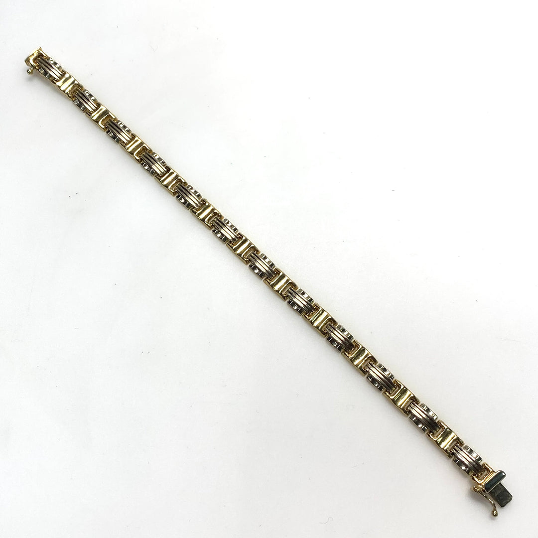 v878 Vintage 14k White Yellow Two-tone Rectangular Links Bracelet 7.25" Long
