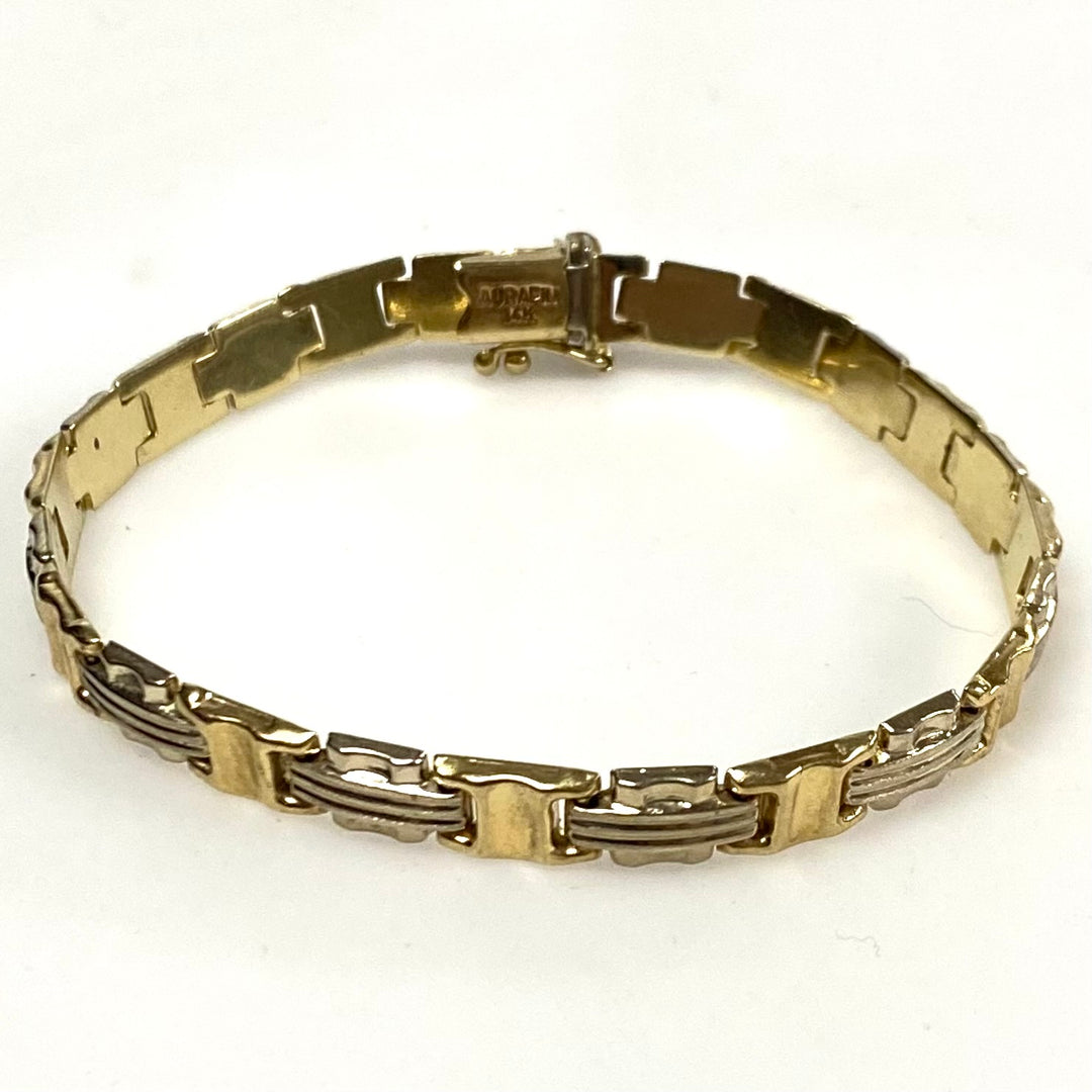 v878 Vintage 14k White Yellow Two-tone Rectangular Links Bracelet 7.25" Long