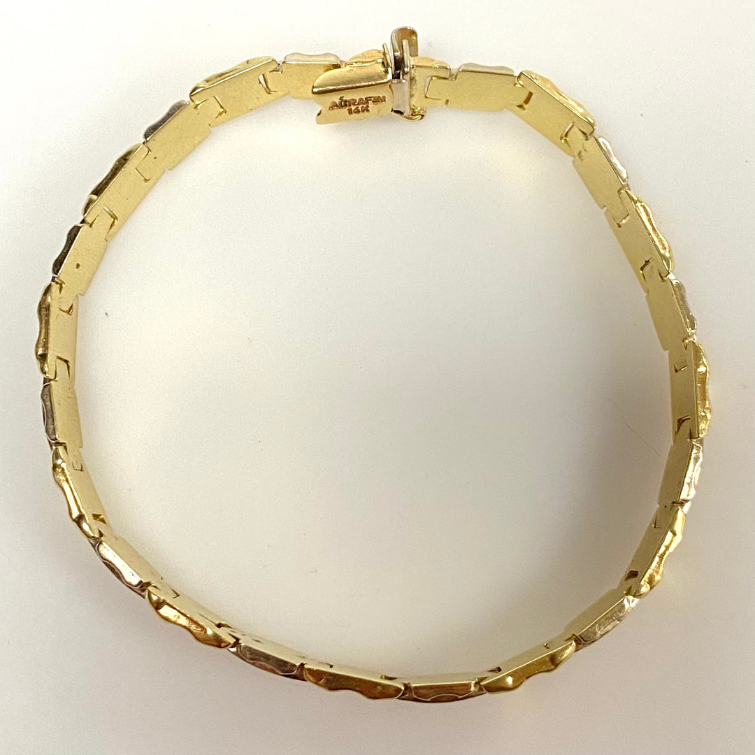 v878 Vintage 14k White Yellow Two-tone Rectangular Links Bracelet 7.25" Long
