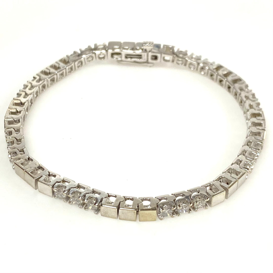 v879 Vintage 14k White Gold Diamond Tennis Bracelet Square Station Mountings