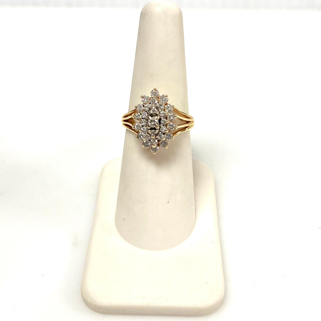 v884 Vintage 14K Yellow Gold Gemstone Multi-tiered Tapered Cluster Ring Size 6.5