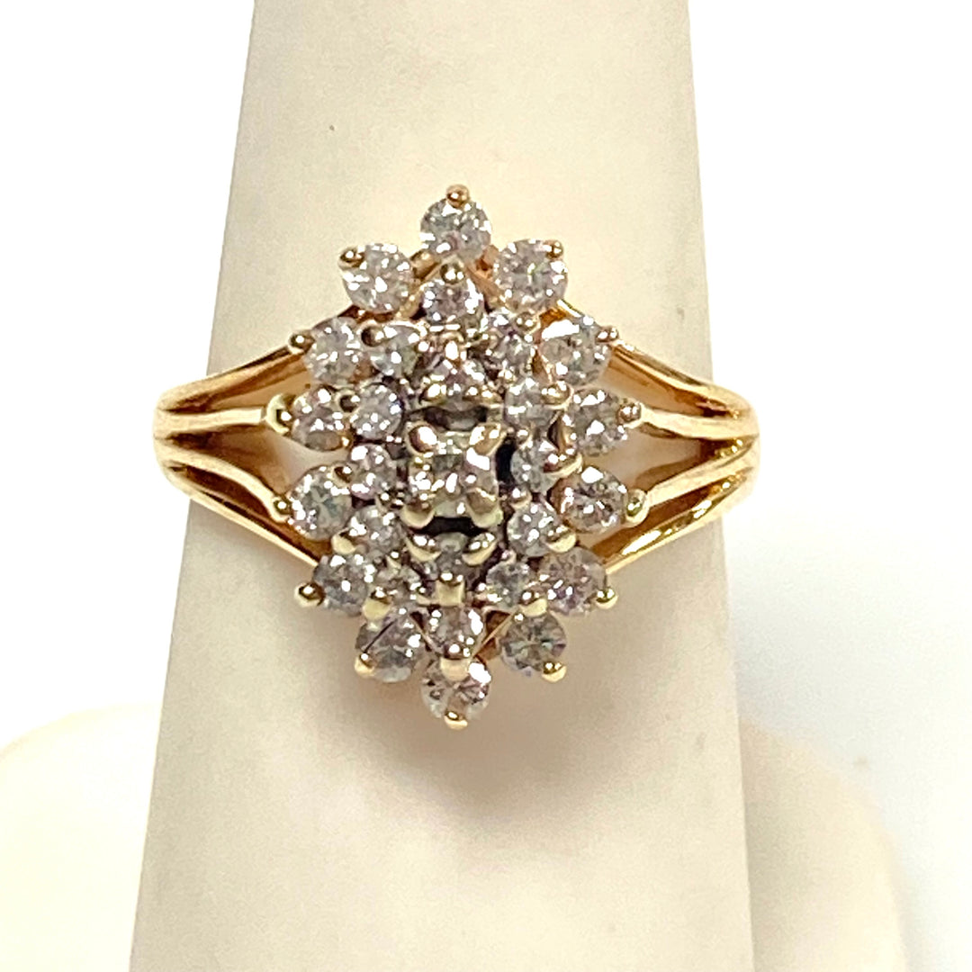 v884 Vintage 14K Yellow Gold Gemstone Multi-tiered Tapered Cluster Ring Size 6.5