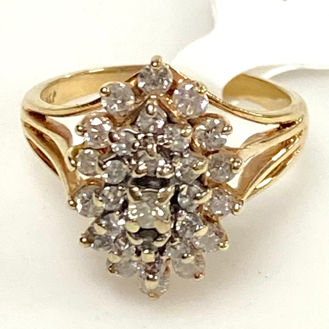 v884 Vintage 14K Yellow Gold Gemstone Multi-tiered Tapered Cluster Ring Size 6.5