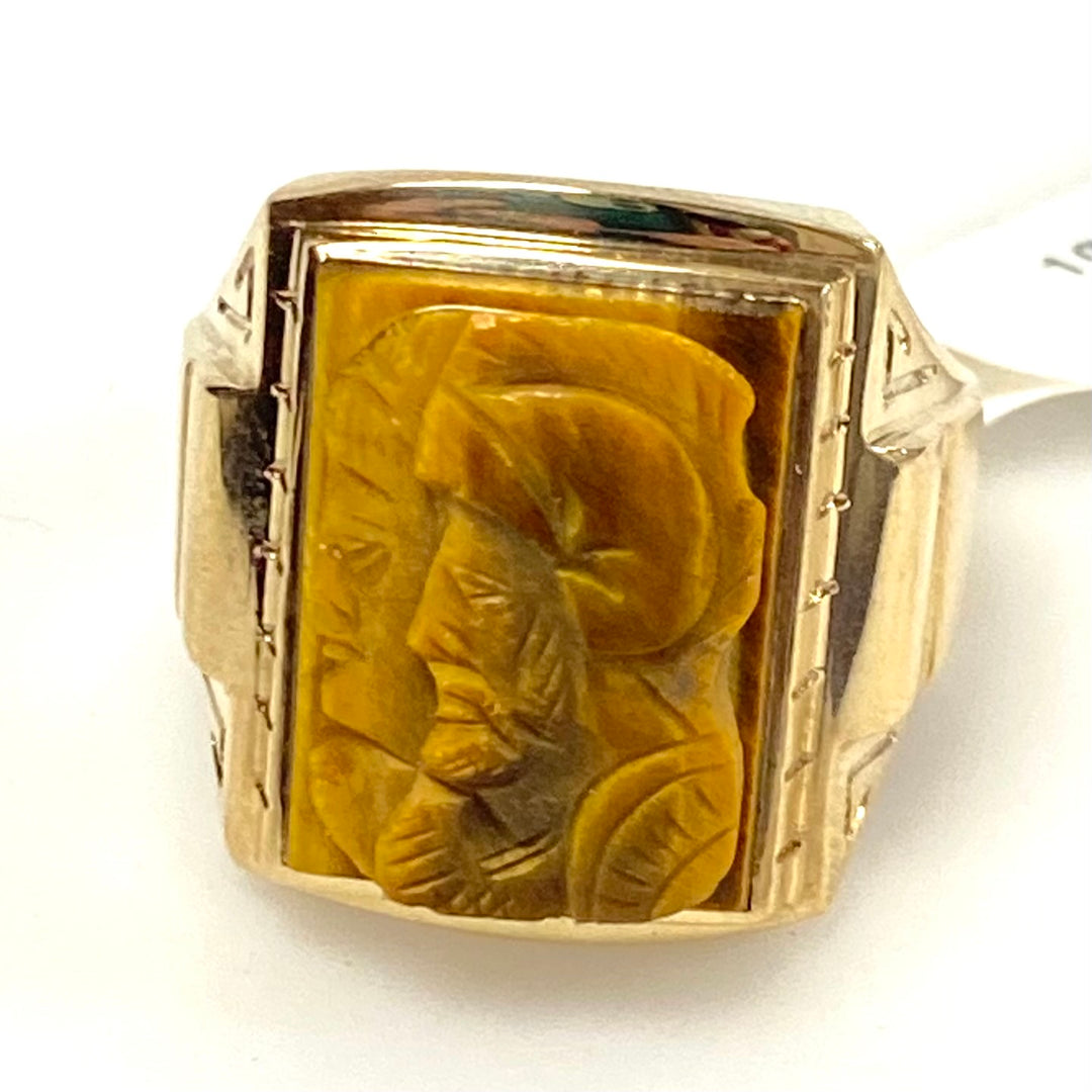 v888 Vintage 10K Yellow Gold Hand-carved Tiger's Eye Soldier Cameo Ring Size 9.5