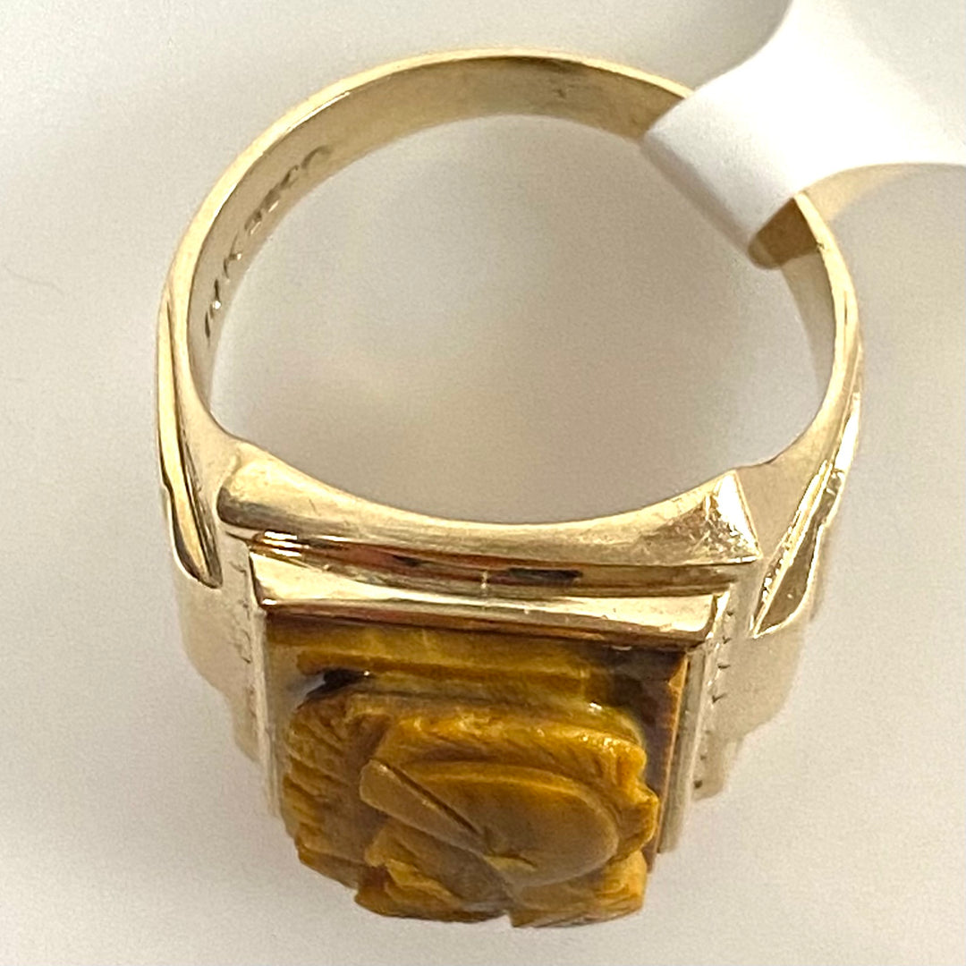v888 Vintage 10K Yellow Gold Hand-carved Tiger's Eye Soldier Cameo Ring Size 9.5