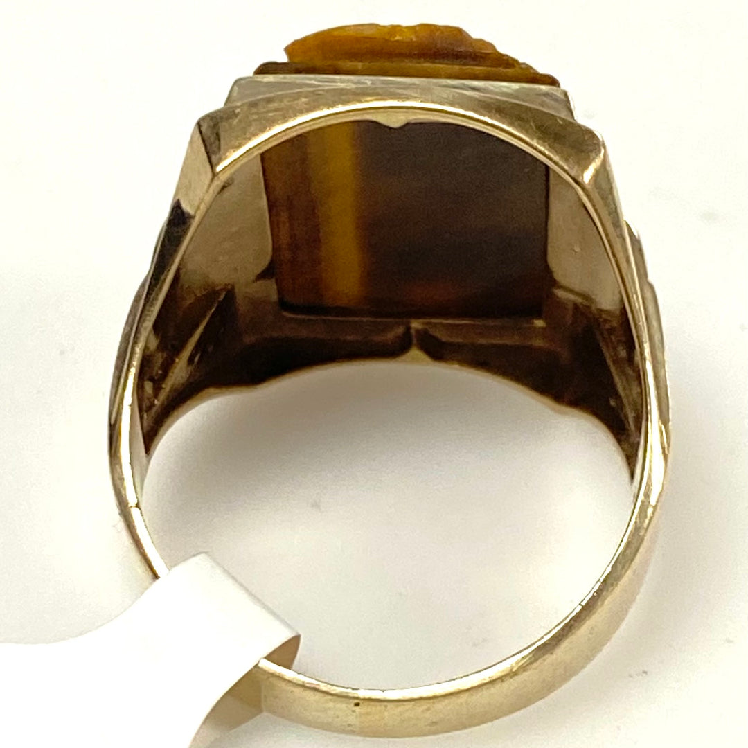v888 Vintage 10K Yellow Gold Hand-carved Tiger's Eye Soldier Cameo Ring Size 9.5