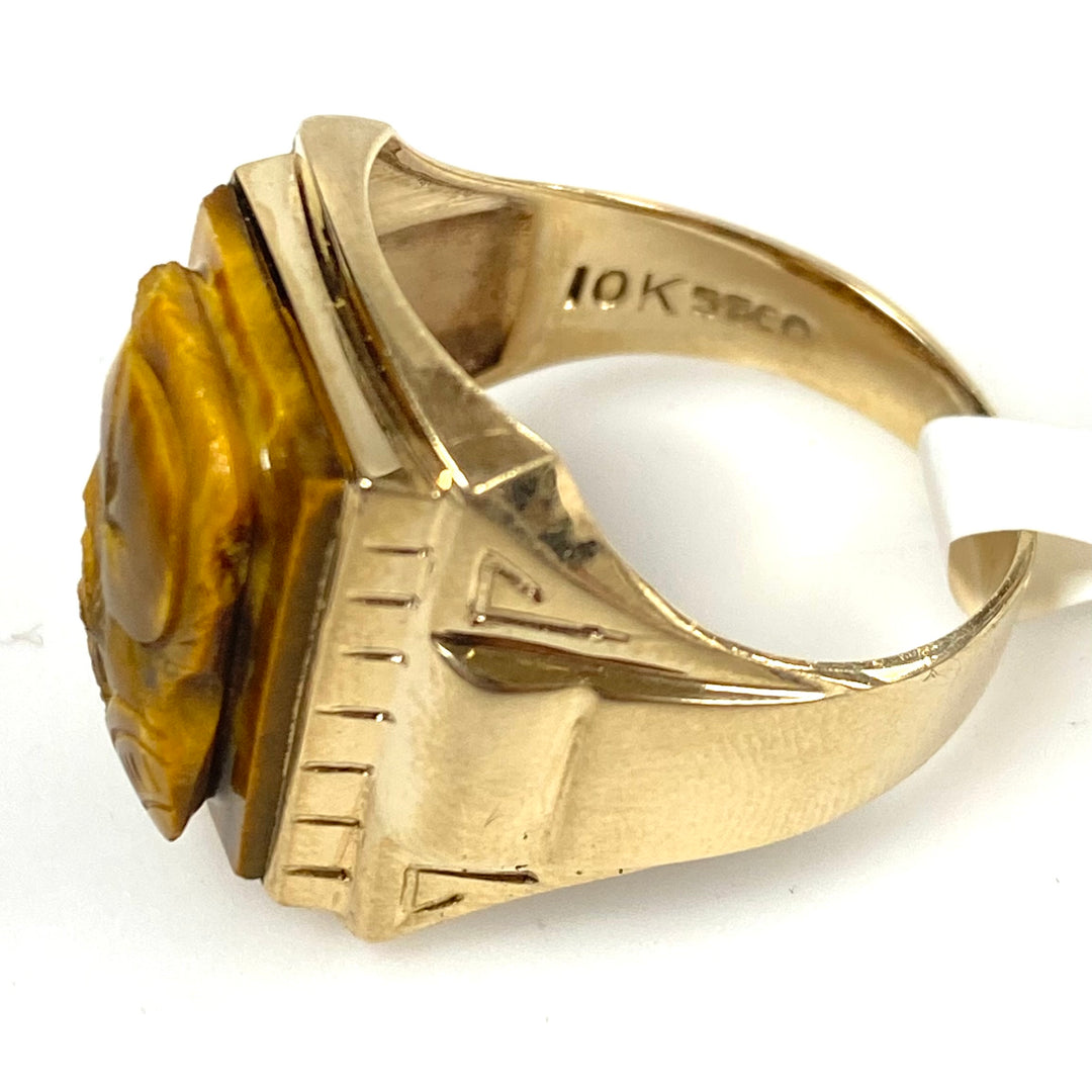 v888 Vintage 10K Yellow Gold Hand-carved Tiger's Eye Soldier Cameo Ring Size 9.5