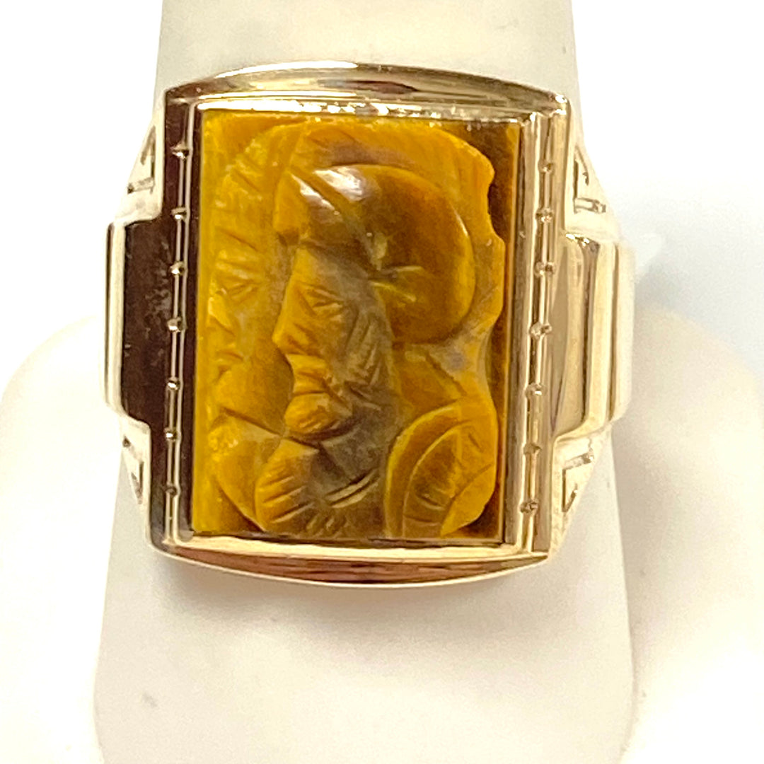 v888 Vintage 10K Yellow Gold Hand-carved Tiger's Eye Soldier Cameo Ring Size 9.5