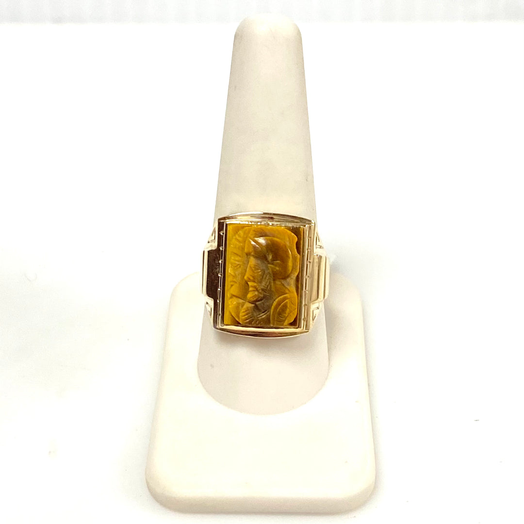 v888 Vintage 10K Yellow Gold Hand-carved Tiger's Eye Soldier Cameo Ring Size 9.5