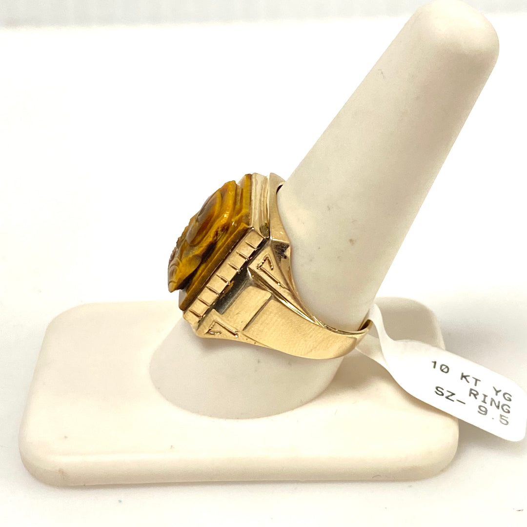 v888 Vintage 10K Yellow Gold Hand-carved Tiger's Eye Soldier Cameo Ring Size 9.5