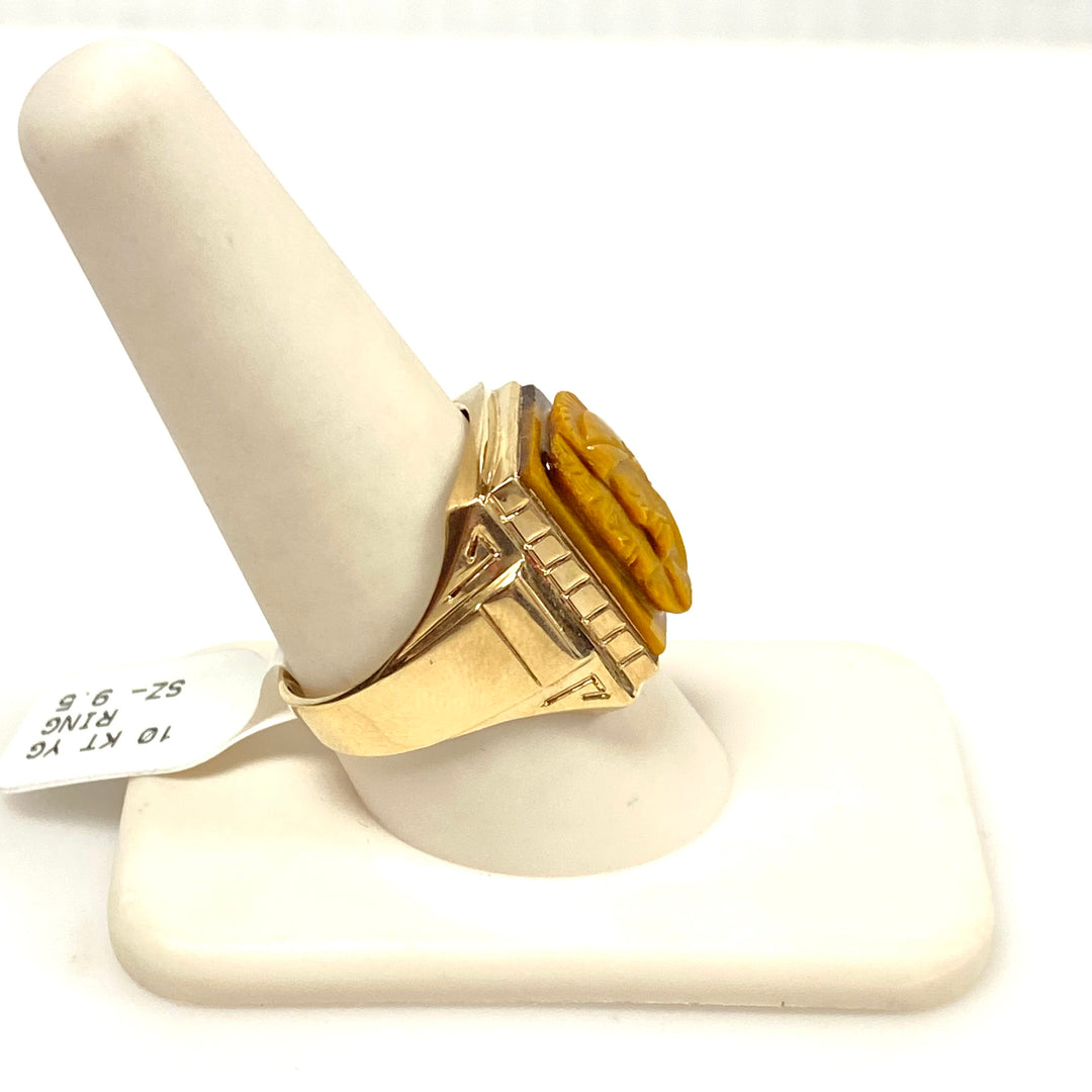 v888 Vintage 10K Yellow Gold Hand-carved Tiger's Eye Soldier Cameo Ring Size 9.5