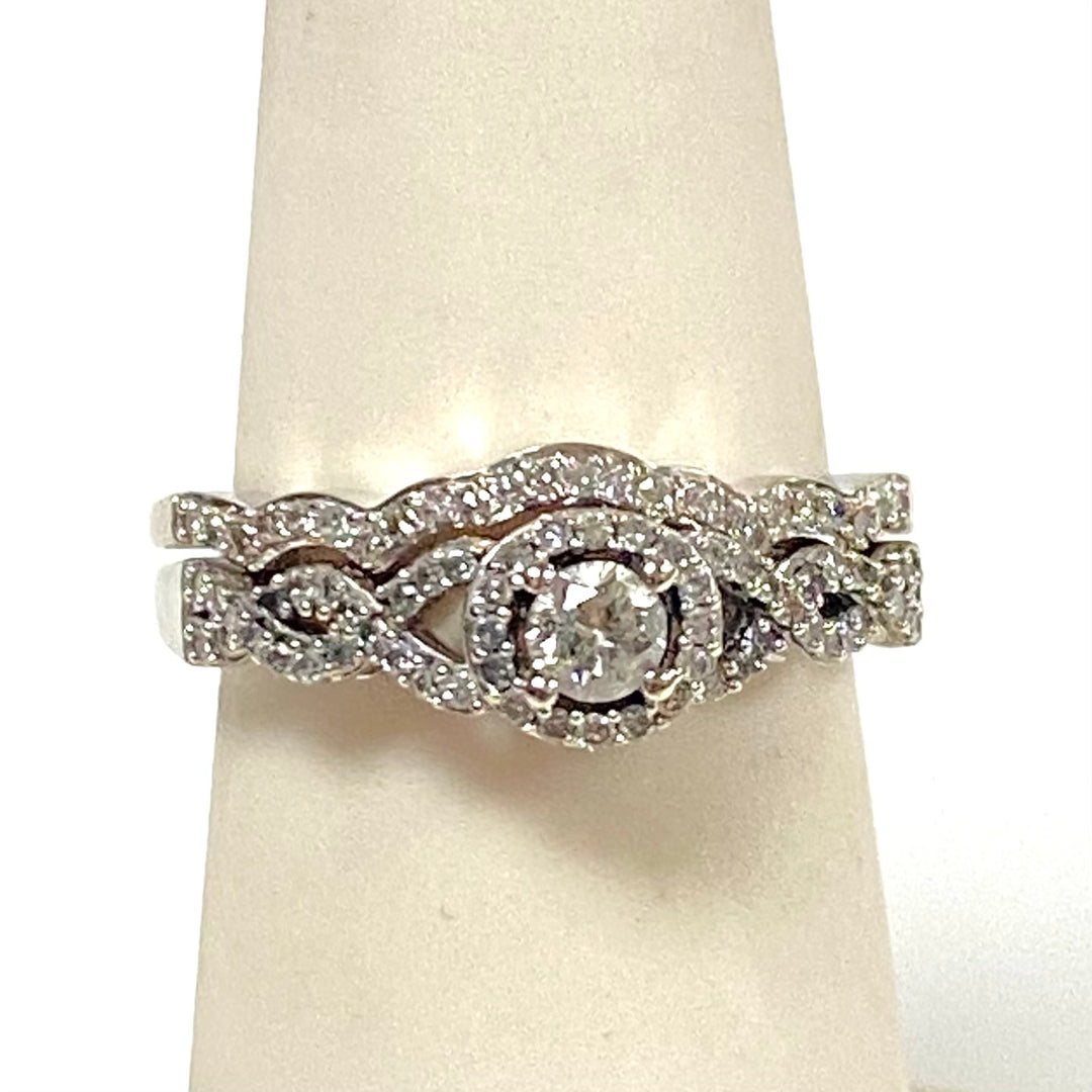 v896 Vintage 10K White Gold Diamond Bridal Set Matching Contoured Wedding Band Size 5.25