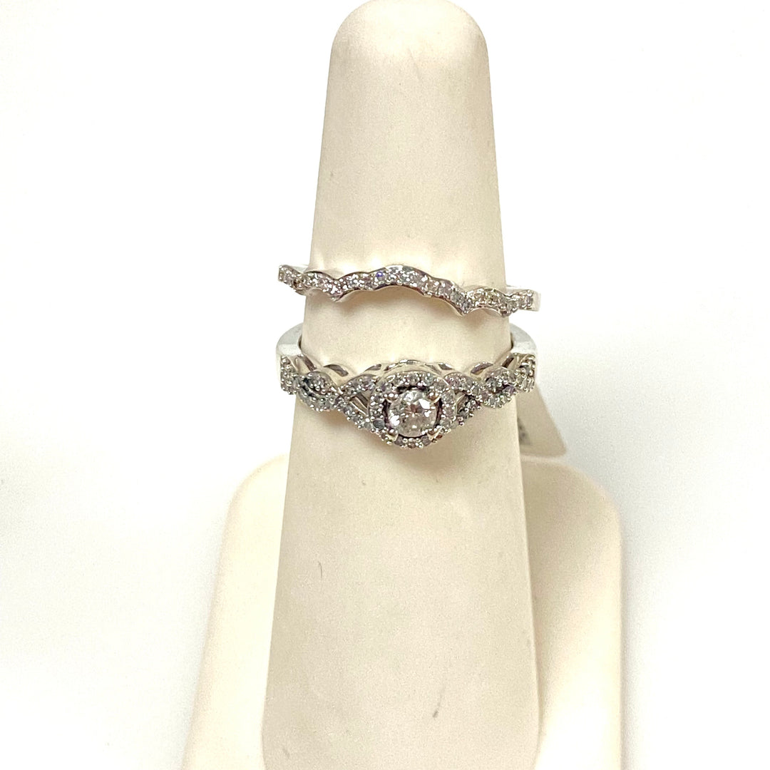 v896 Vintage 10K White Gold Diamond Bridal Set Matching Contoured Wedding Band Size 5.25