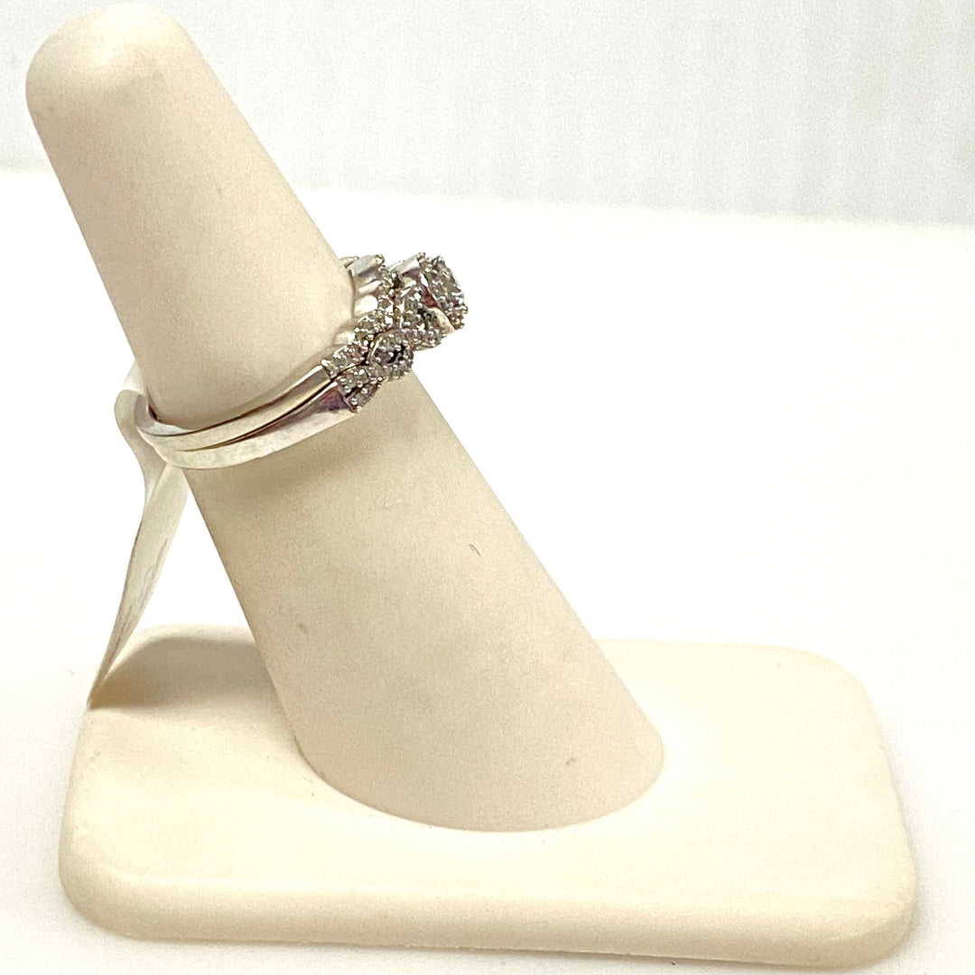 v896 Vintage 10K White Gold Diamond Bridal Set Matching Contoured Wedding Band Size 5.25