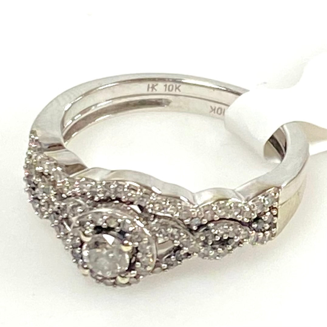 v896 Vintage 10K White Gold Diamond Bridal Set Matching Contoured Wedding Band Size 5.25