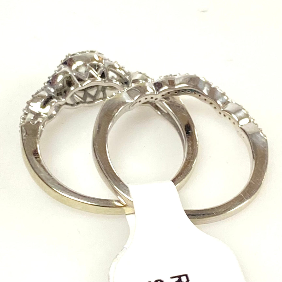 v896 Vintage 10K White Gold Diamond Bridal Set Matching Contoured Wedding Band Size 5.25