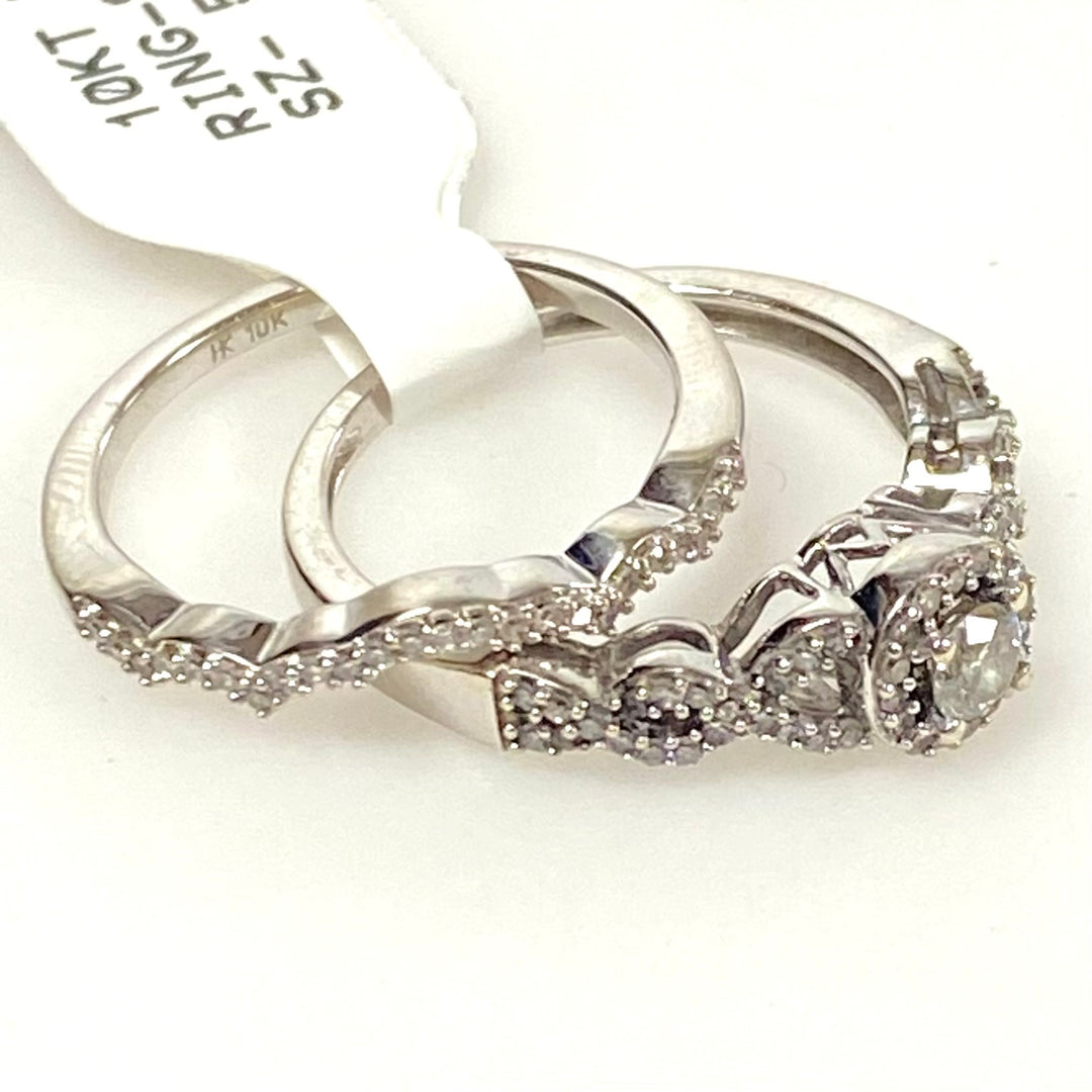 v896 Vintage 10K White Gold Diamond Bridal Set Matching Contoured Wedding Band Size 5.25
