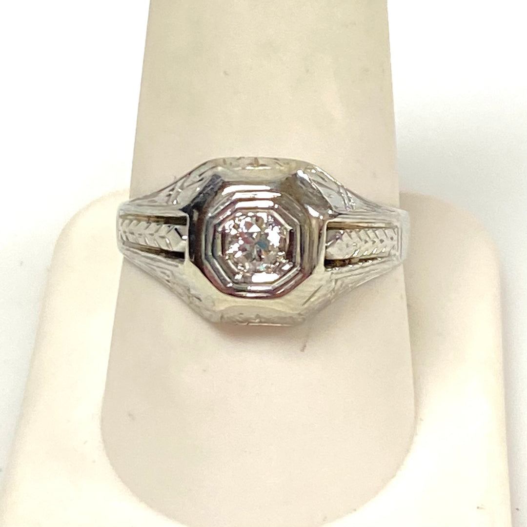 v897 Vintage 14k White Gold Art Deco Diamond Geometric Setting Ring Size 9.75