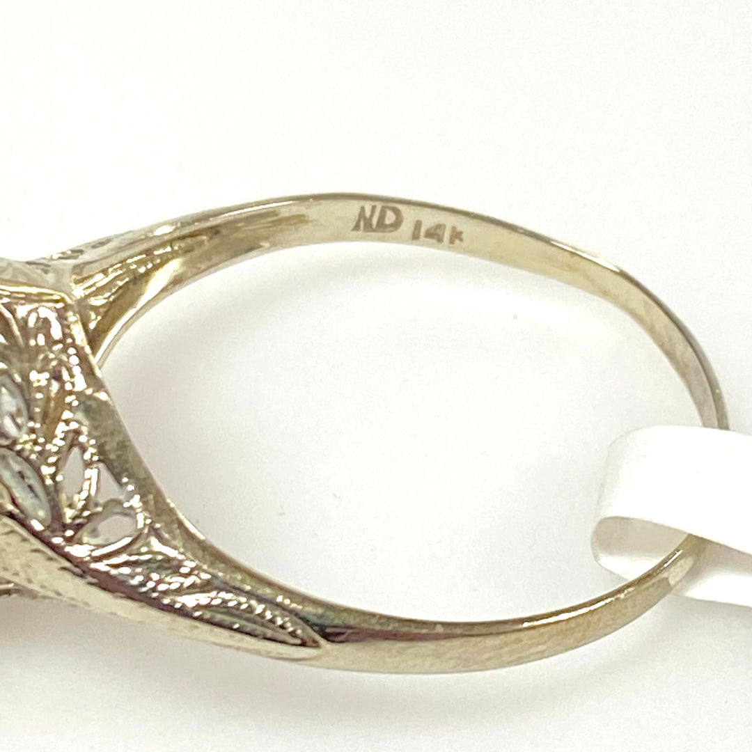 v898 Vintage 14k White Gold Art Deco Style Oval Cabochon Filigree Ring Size 9.25