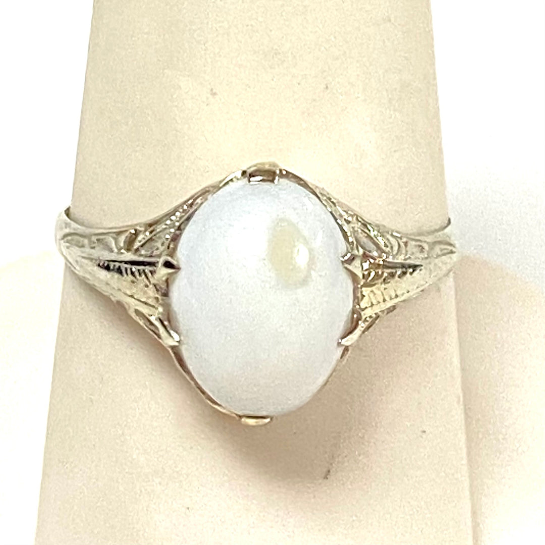 v898 Vintage 14k White Gold Art Deco Style Oval Cabochon Filigree Ring Size 9.25