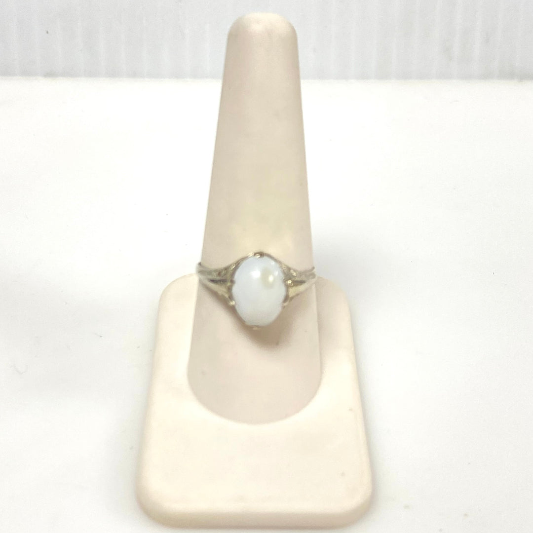 v898 Vintage 14k White Gold Art Deco Style Oval Cabochon Filigree Ring Size 9.25