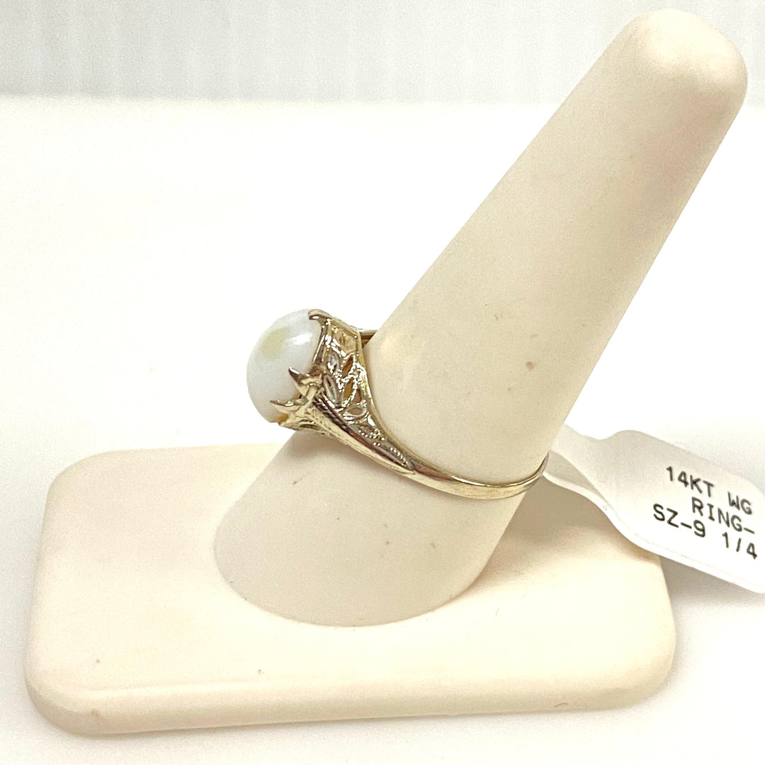 v898 Vintage 14k White Gold Art Deco Style Oval Cabochon Filigree Ring Size 9.25