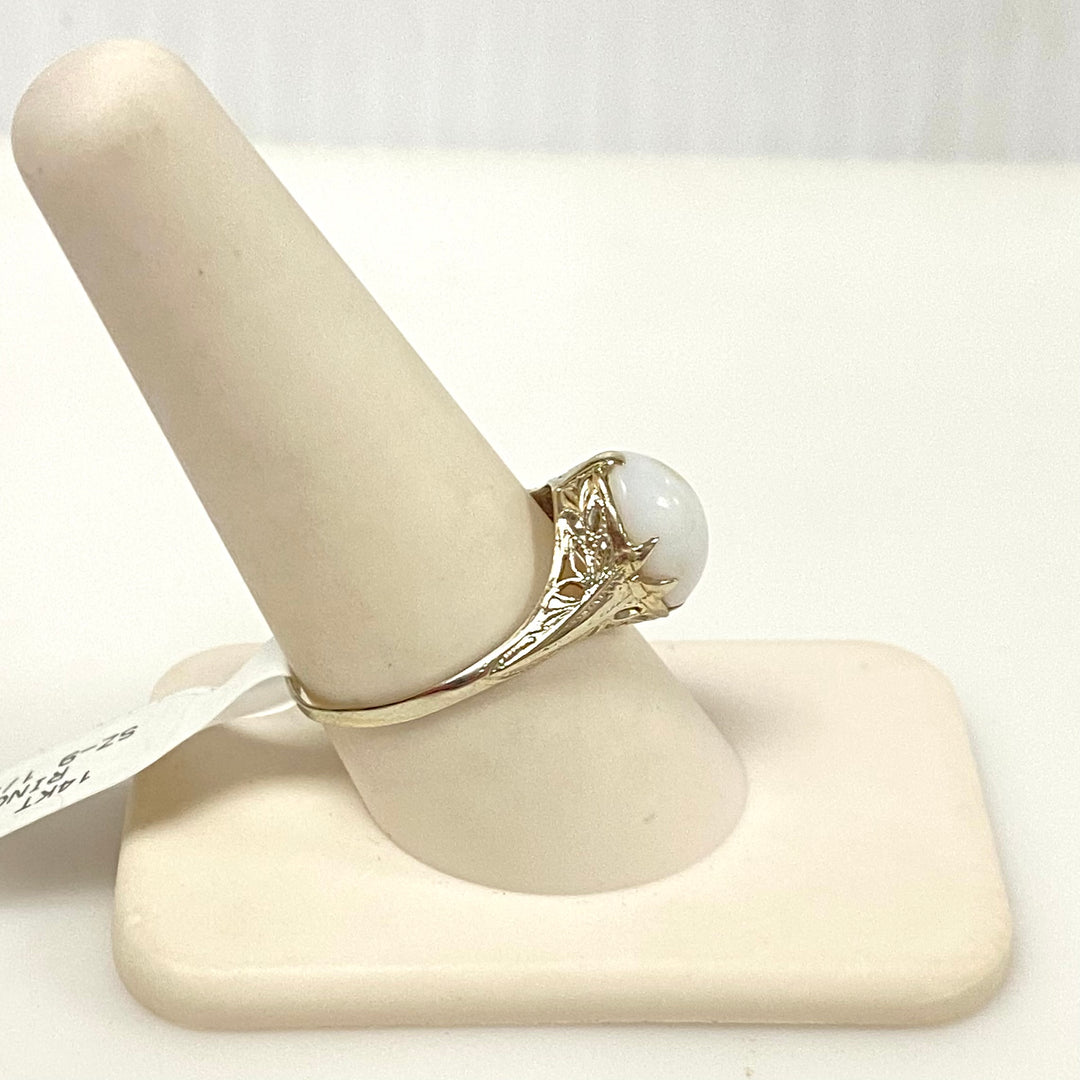 v898 Vintage 14k White Gold Art Deco Style Oval Cabochon Filigree Ring Size 9.25