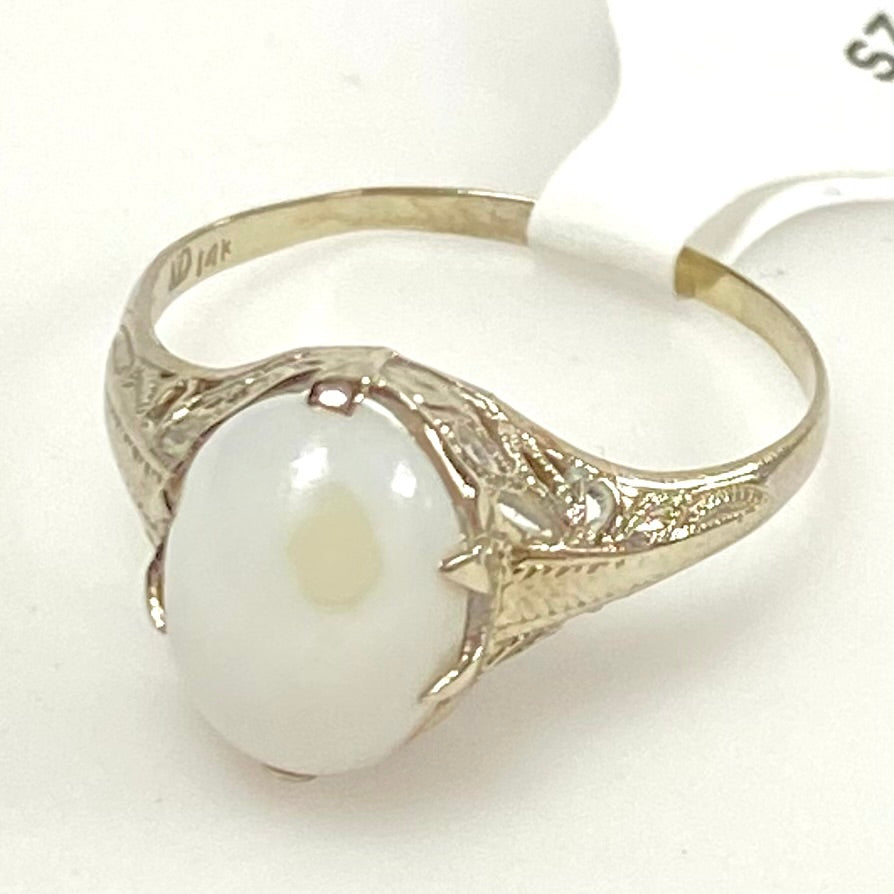 v898 Vintage 14k White Gold Art Deco Style Oval Cabochon Filigree Ring Size 9.25