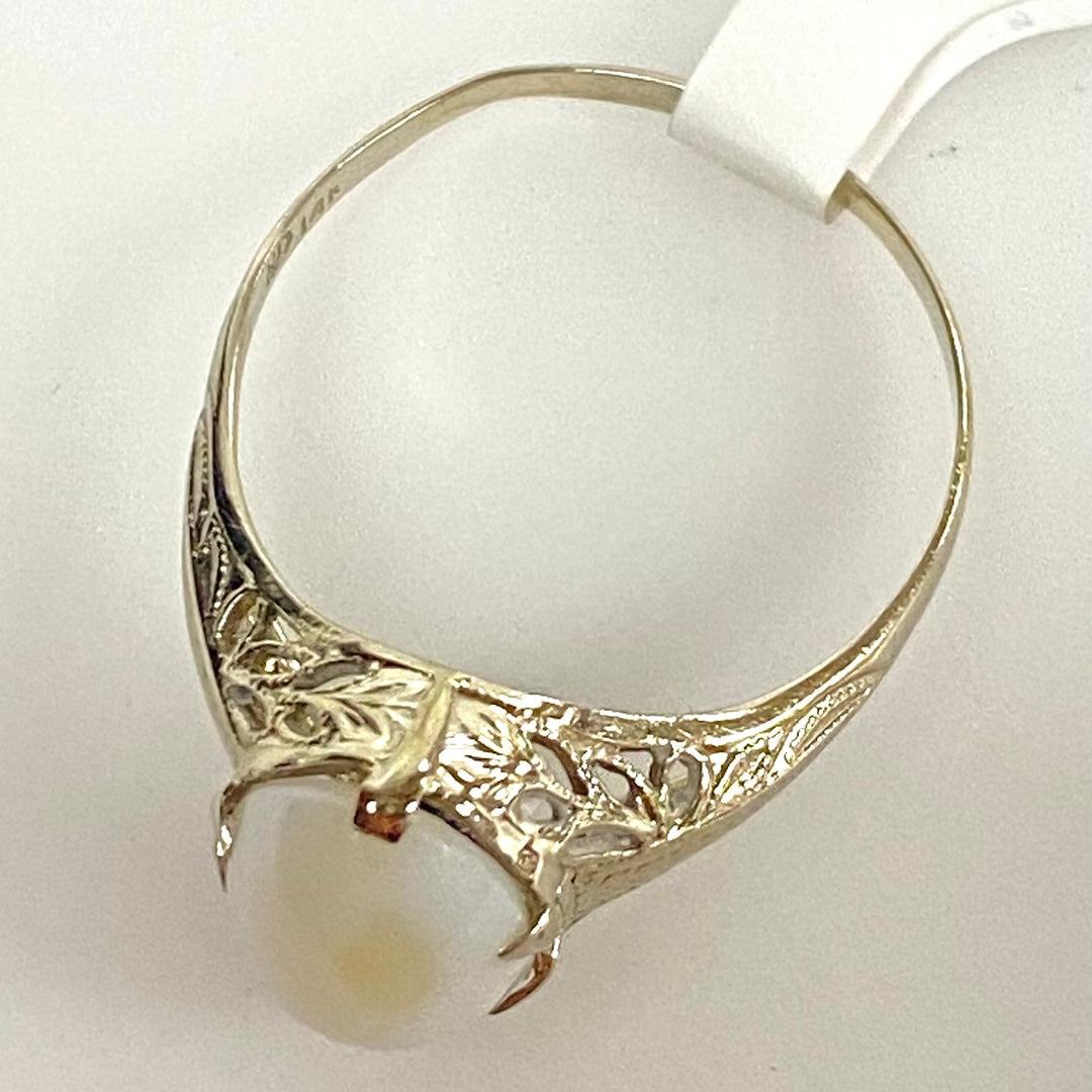 v898 Vintage 14k White Gold Art Deco Style Oval Cabochon Filigree Ring Size 9.25