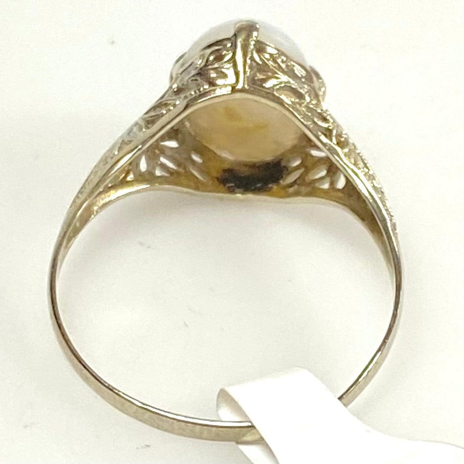 v898 Vintage 14k White Gold Art Deco Style Oval Cabochon Filigree Ring Size 9.25
