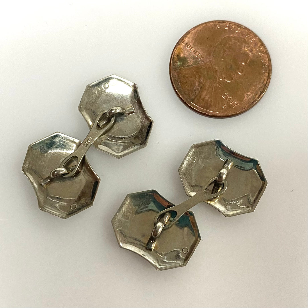 v902 Vintage 10k White Gold Art Deco era Two-sided Geometric Pattern Cufflinks