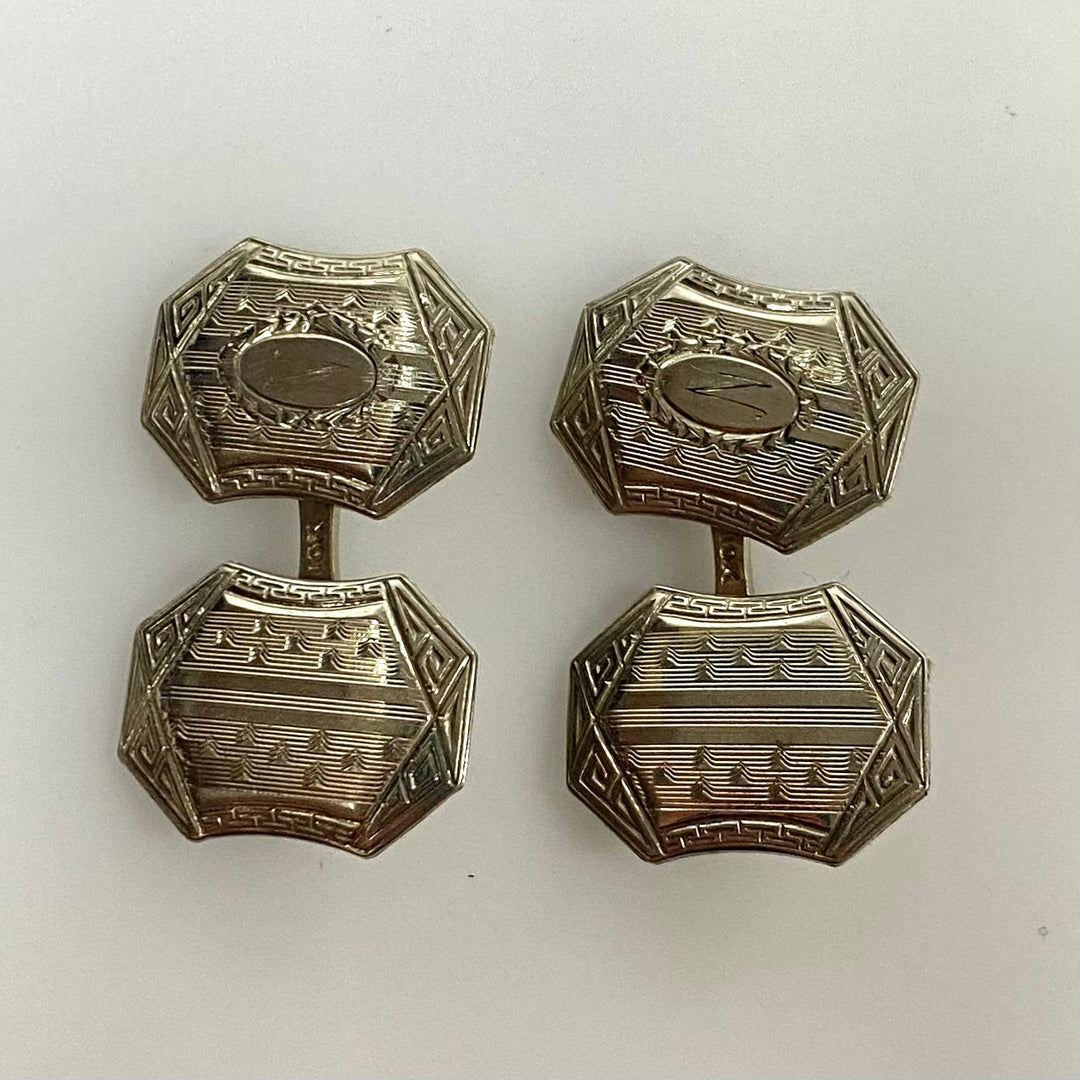v902 Vintage 10k White Gold Art Deco era Two-sided Geometric Pattern Cufflinks
