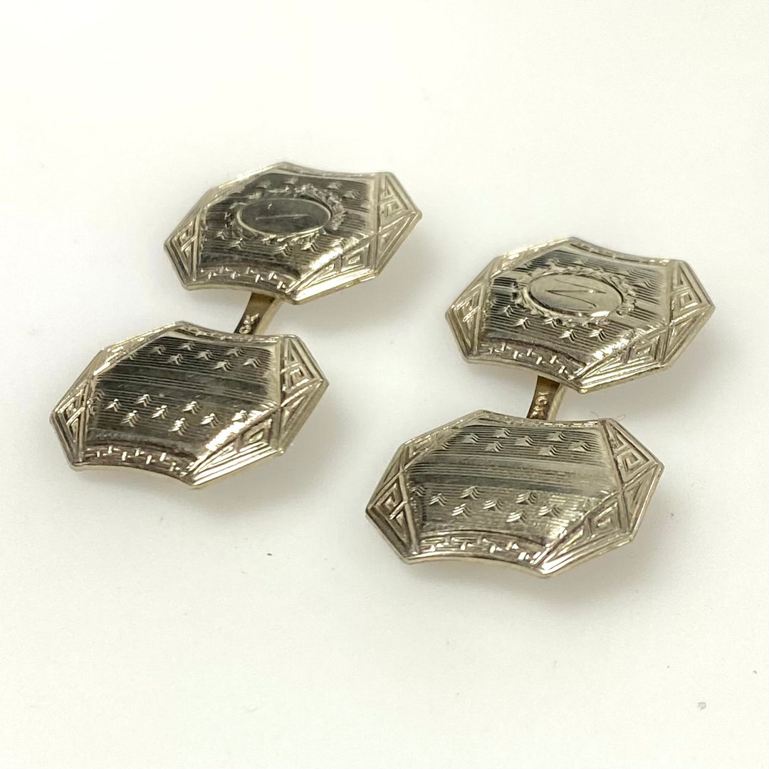 v902 Vintage 10k White Gold Art Deco era Two-sided Geometric Pattern Cufflinks