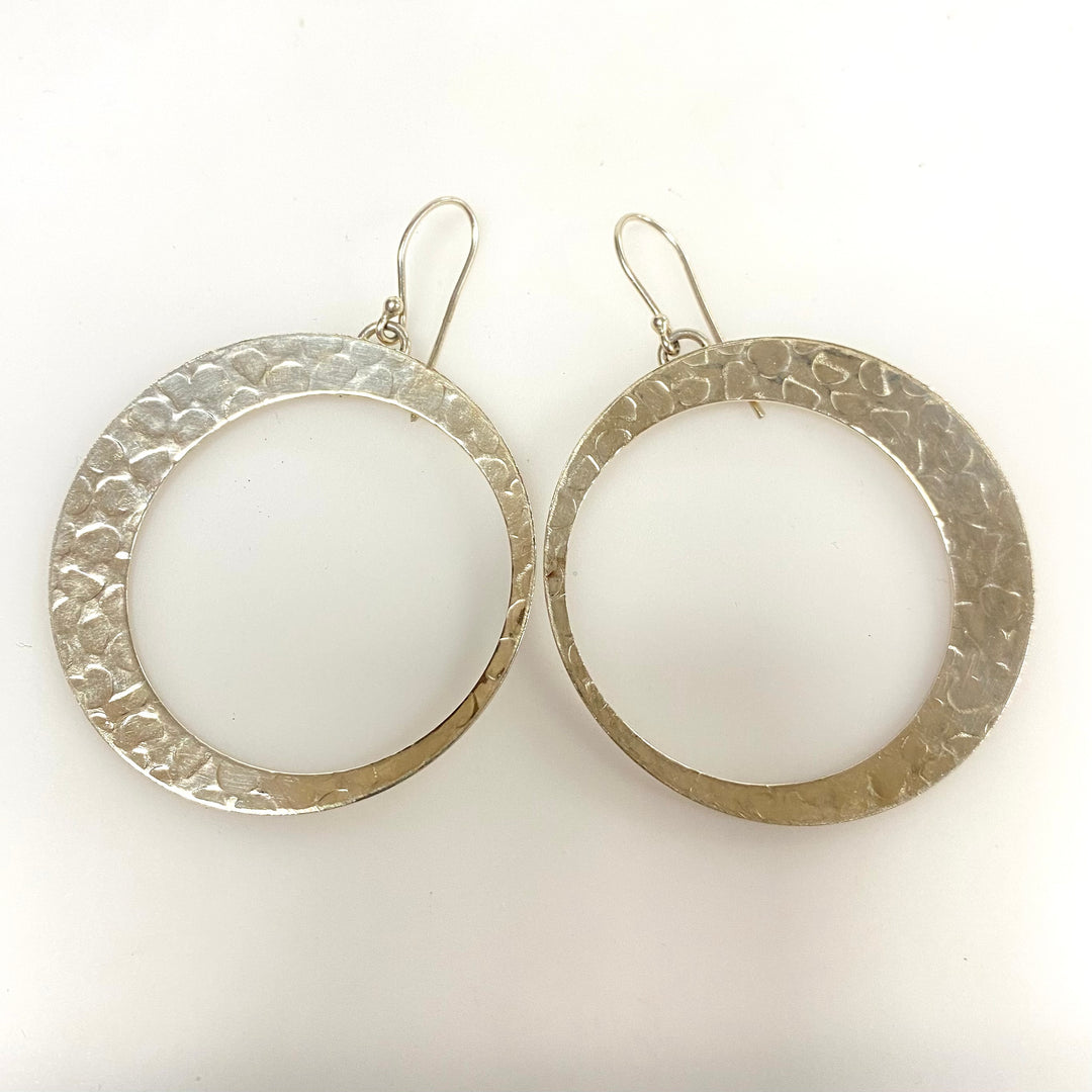 v910 Vintage Hammered Sterling Silver Open Circle Dangle Earrings 1.75" Diameter