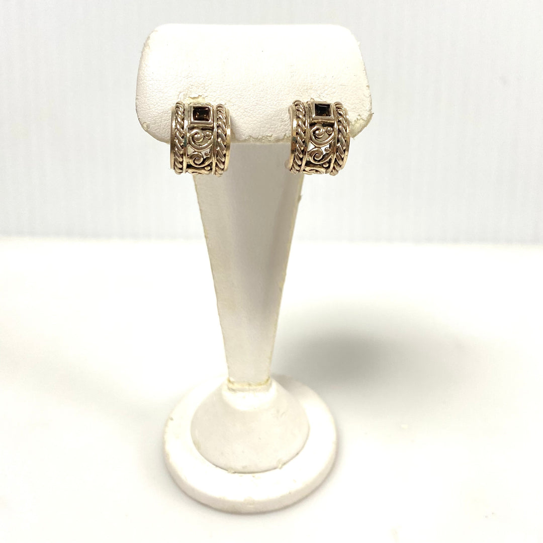 v914 Vintage Sterling Silver Huggie-style Hoop Earrings Balinese-inspired Design