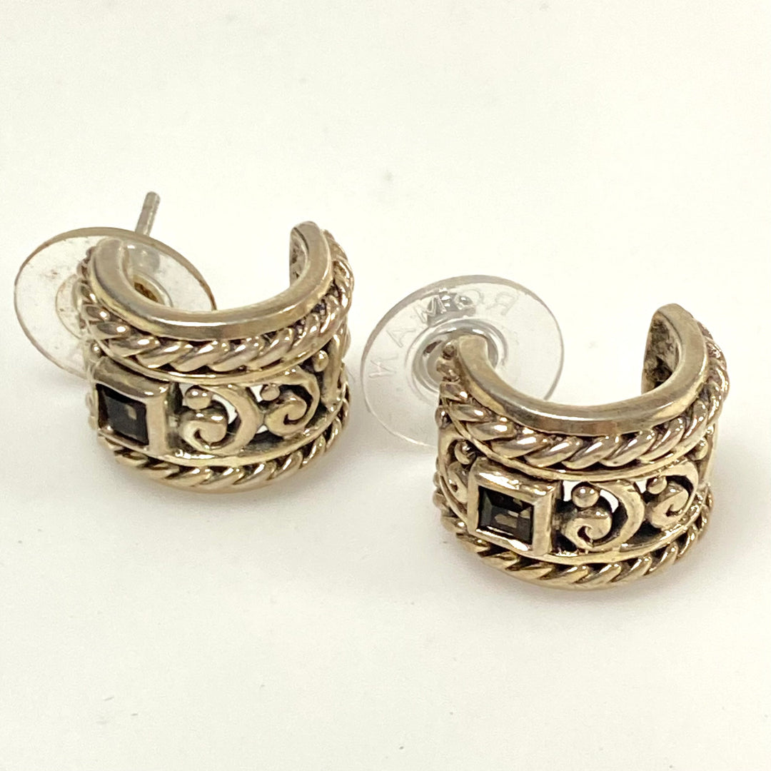 v914 Vintage Sterling Silver Huggie-style Hoop Earrings Balinese-inspired Design