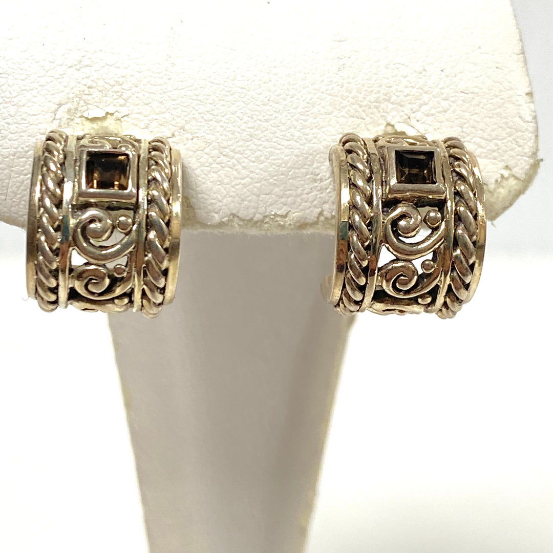 v914 Vintage Sterling Silver Huggie-style Hoop Earrings Balinese-inspired Design