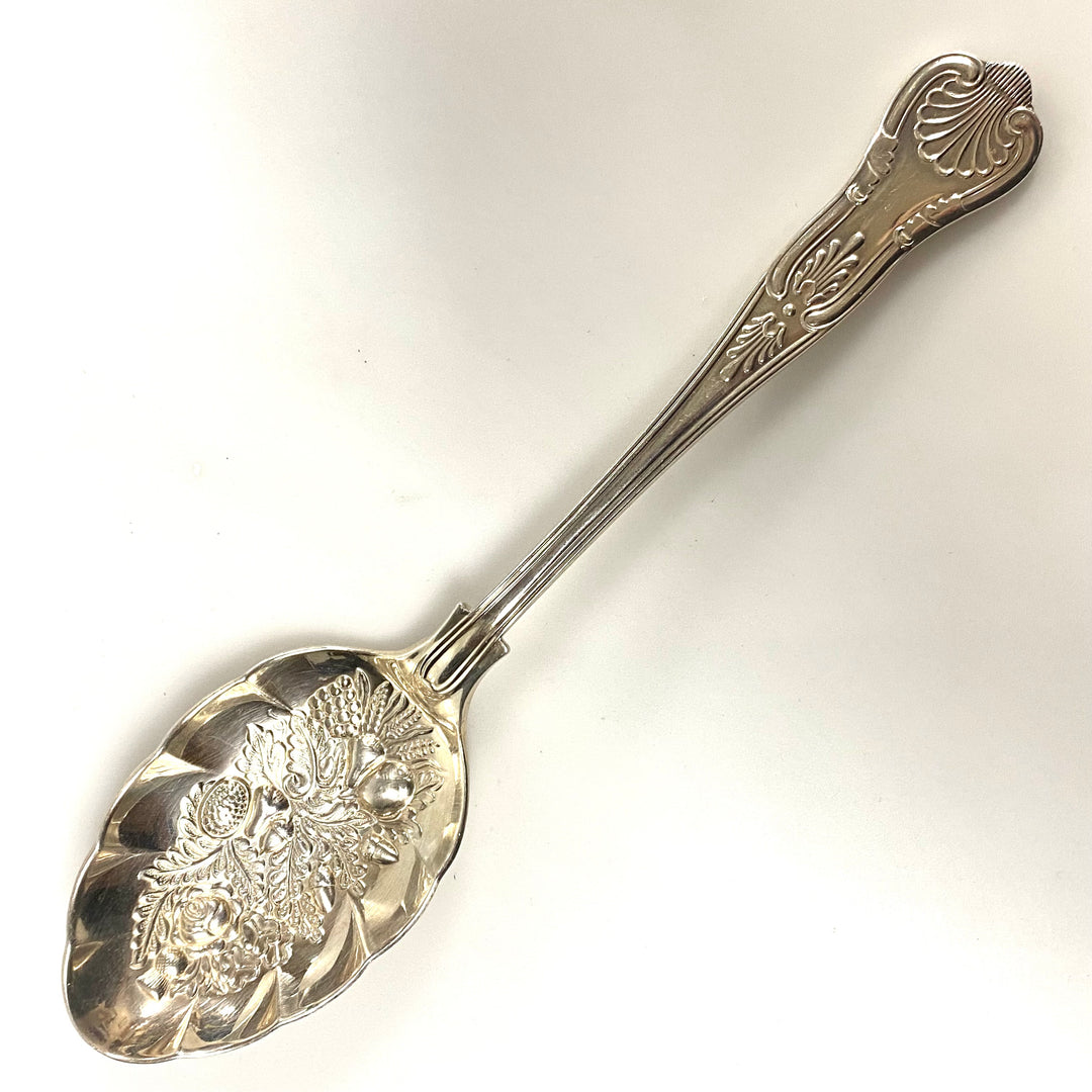 v915 Vintage Sheffield England Silver Plate Berry Embossed Fruit Serving Spoon